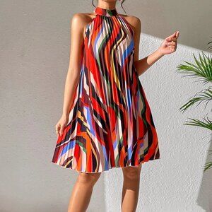 Multicolor Boho Womens Keyhole Back Halter Neck Pleated Detail Dress